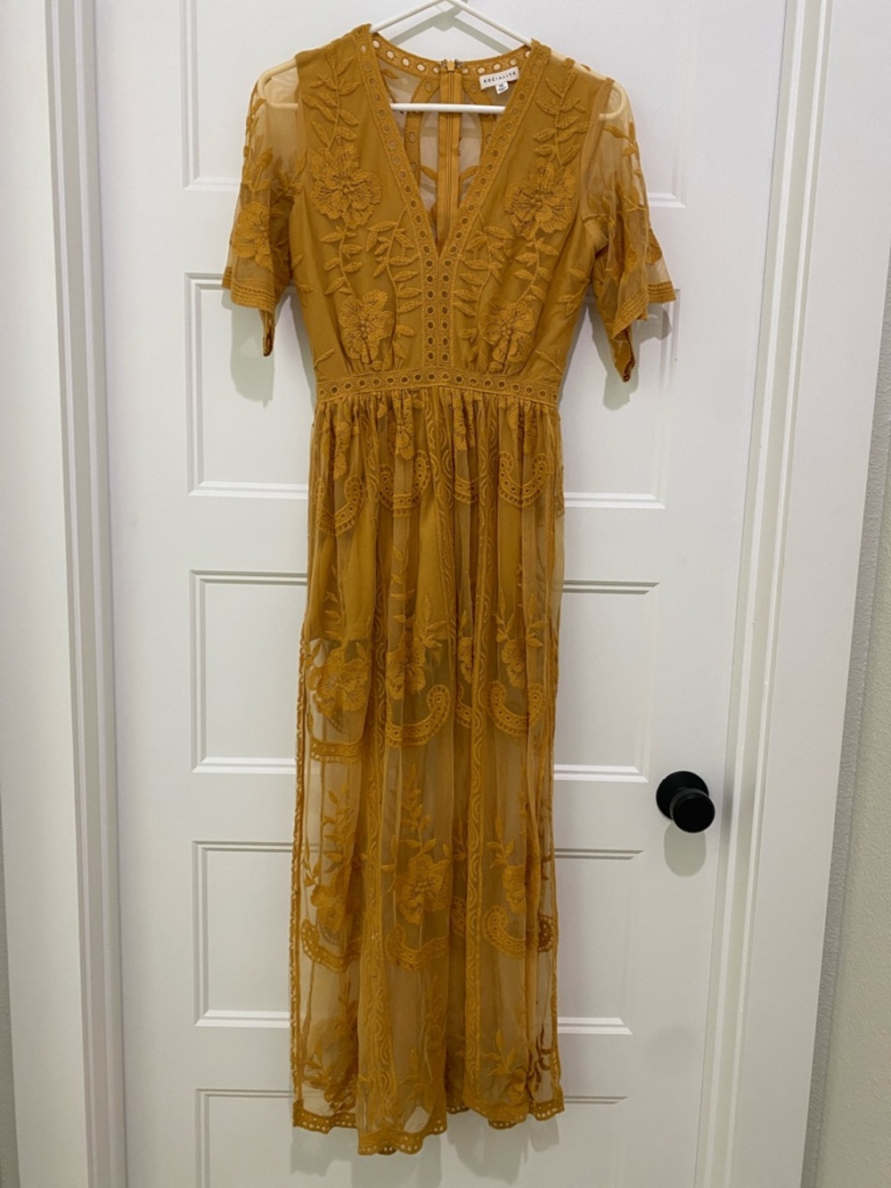 Socialite Mustard Embroidered Lace Maxi Dress. Shorts underneath. Sheer.